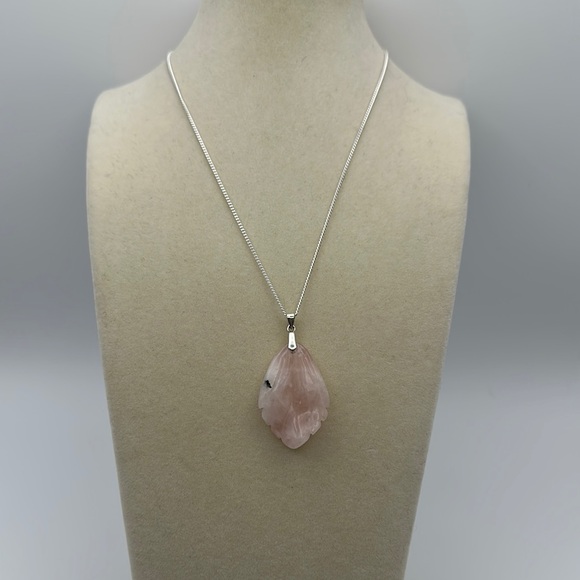 B.Rising Jewelry - Beautiful Rose Quartz Leaf Pendant on Silver Chain